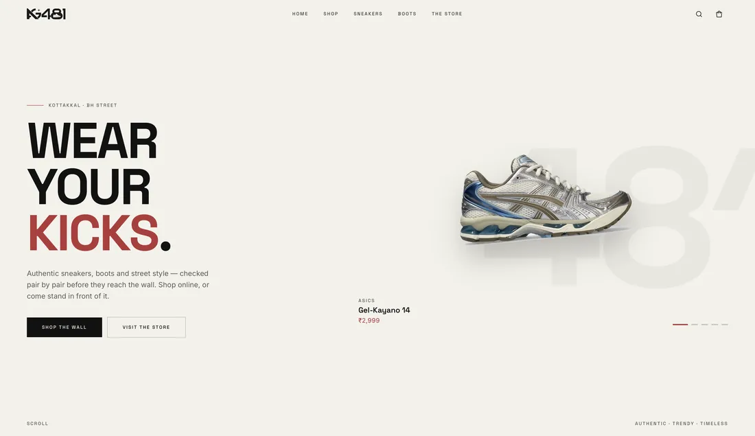 AG481 sneaker store homepage with the headline Wear your kicks