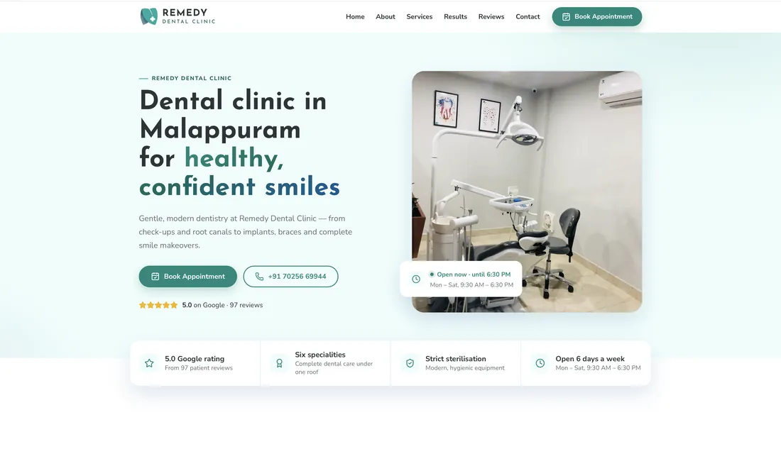 Remedy Dental Clinic homepage for a dental clinic in Malappuram