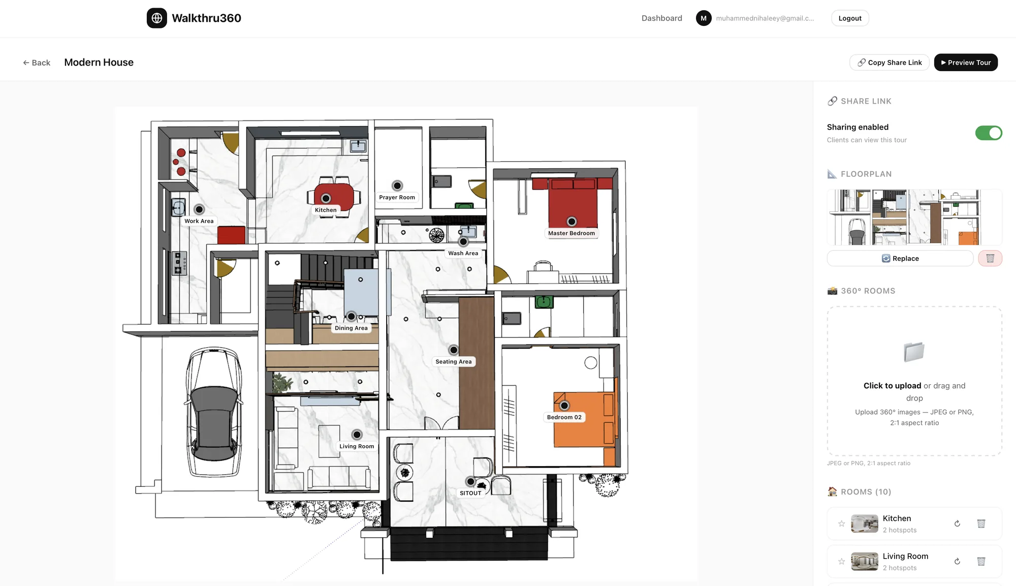 Walkthru360 architect dashboard with floor plan and 360 degree rooms