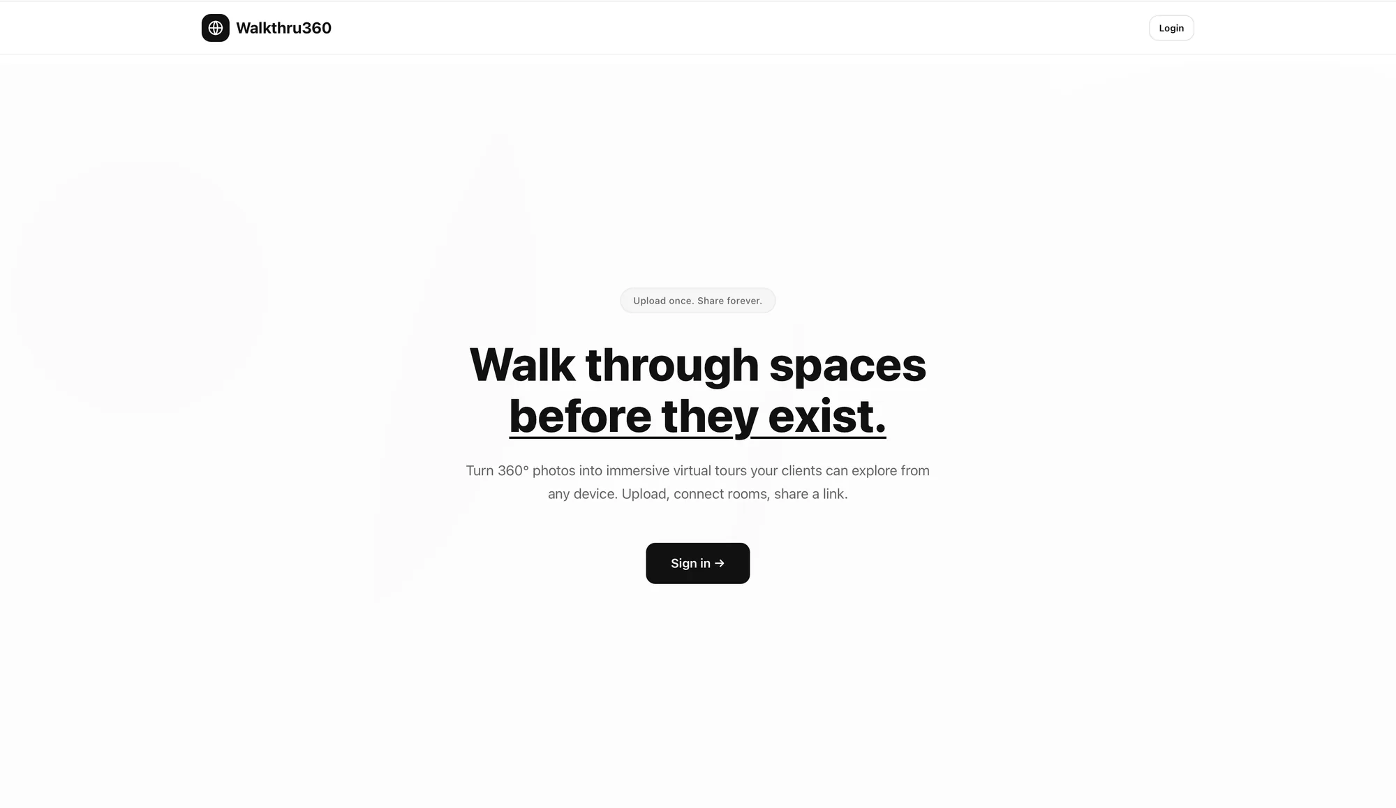 Walkthru360 landing page: walk through spaces before they exist